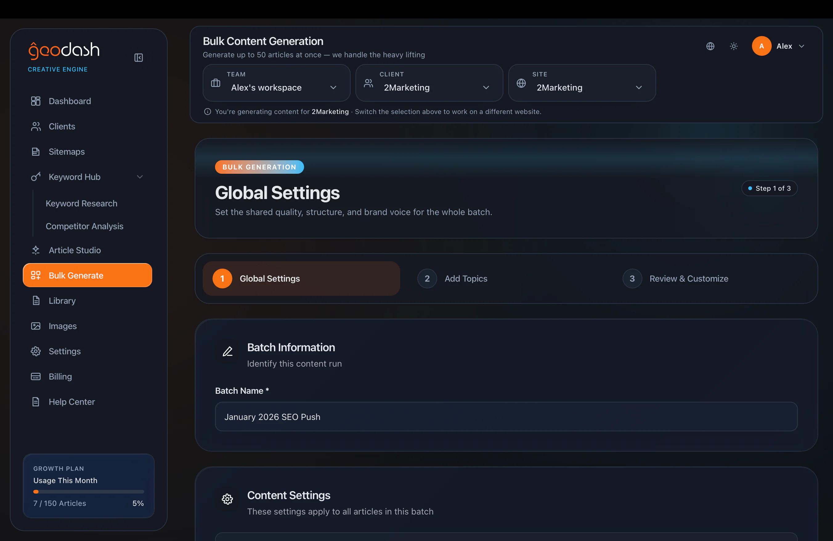 Bulk article generation interface showing batch content creation